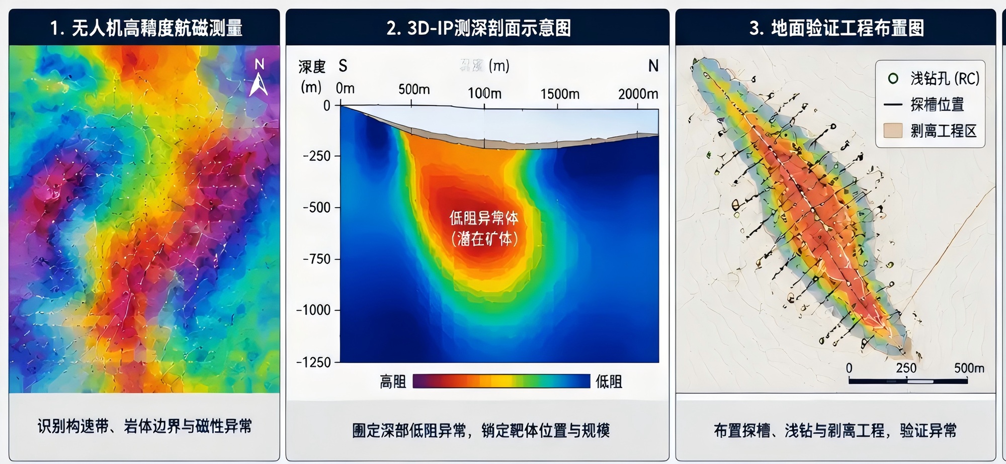 Drone magnetic surveying and 3D-IP layout used to constrain buried anomalies and future drill placement.