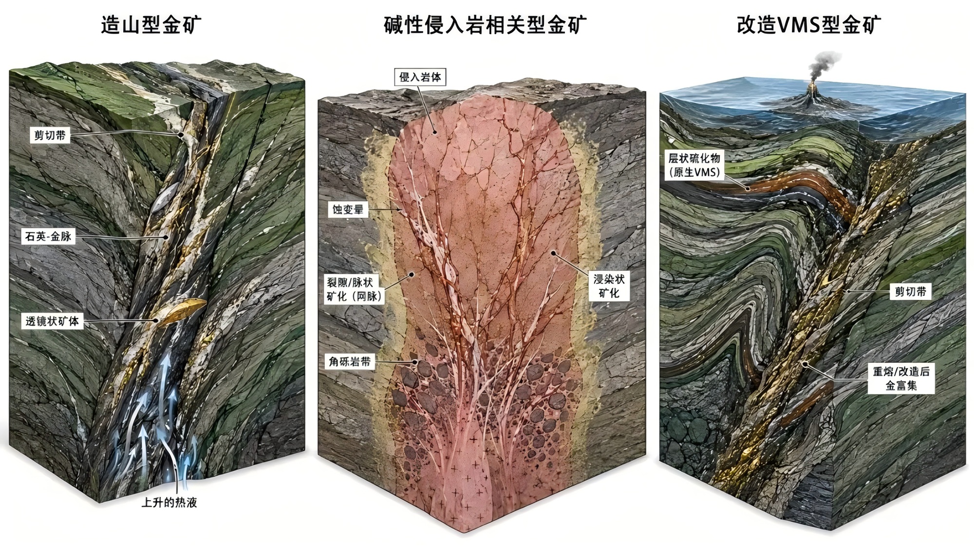 Comparison of three principal geological styles of gold mineralization.