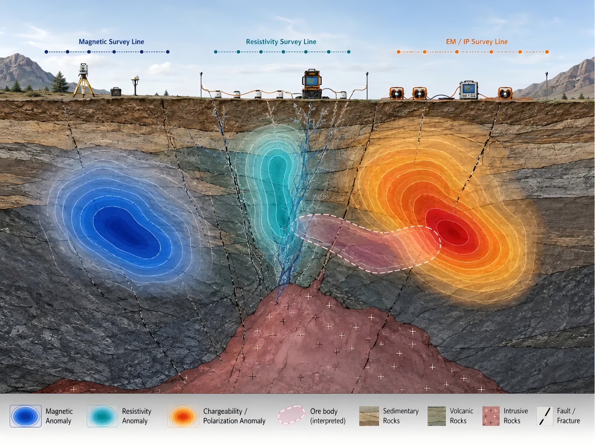 Geophysical anomaly section: magnetic, resistivity and chargeability responses provide spatial clues to buried structures and anomalous bodies.