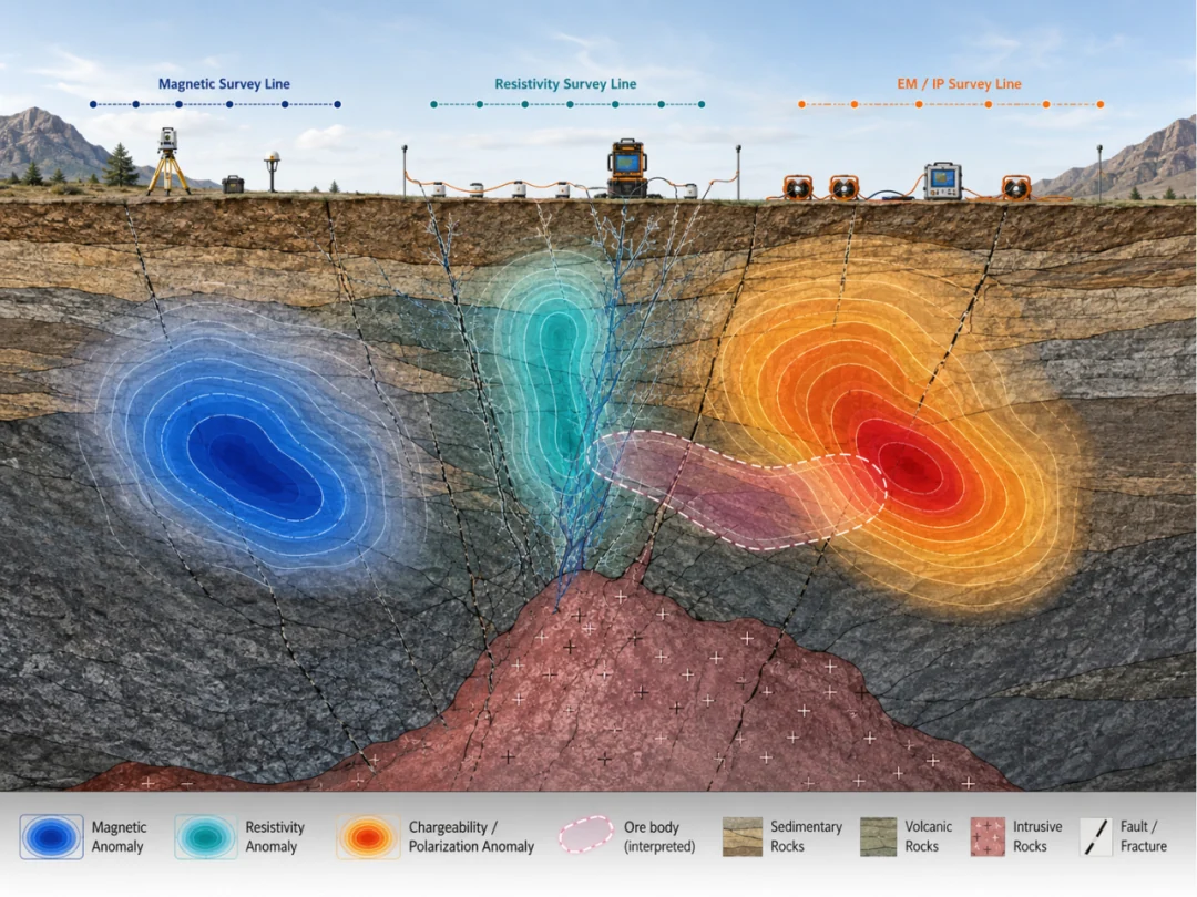 Geophysical anomaly section: magnetic, resistivity and chargeability responses provide spatial clues to buried structures and anomalous bodies.