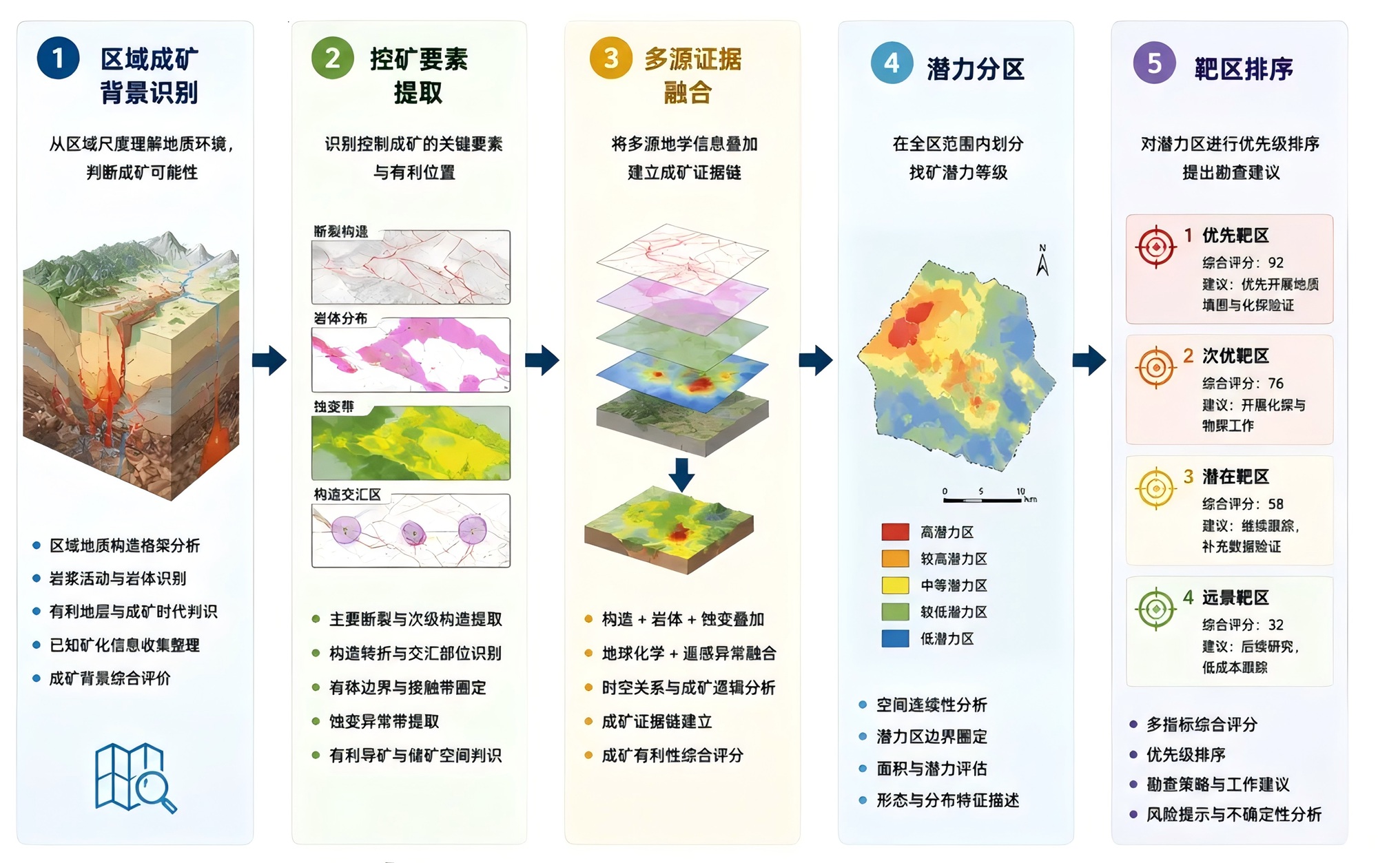 AI exploration workflow: from regional understanding to target ranking.