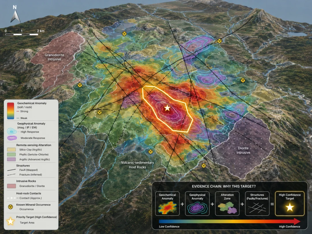 Multisource evidence chain: geochemistry, geophysics, alteration and ore-controlling structures converge on a common target.