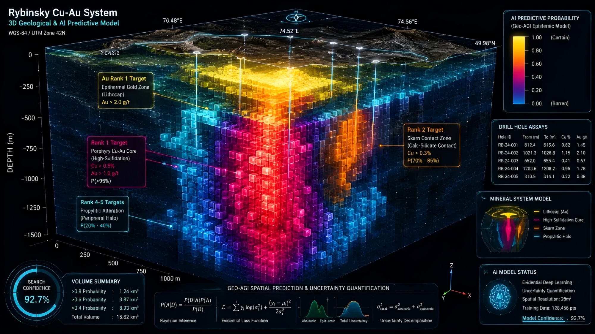 Three-dimensional AI model combining mineralization probability, geological constraints and validation information.