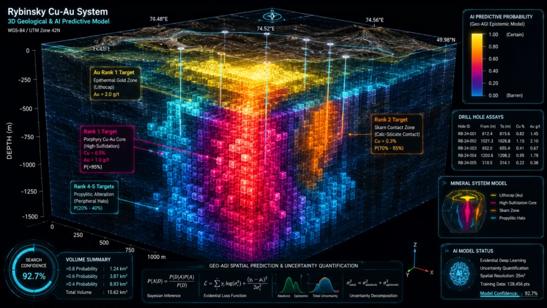 AI 三维模型将地下矿化概率、钻孔验证与不确定性放入统一框架。