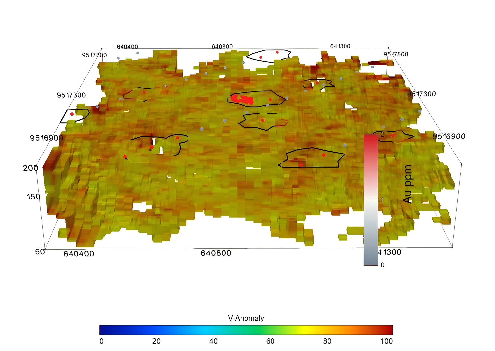 Three-dimensional target model integrating near-surface evidence with deeper structural and mineralization probability information.