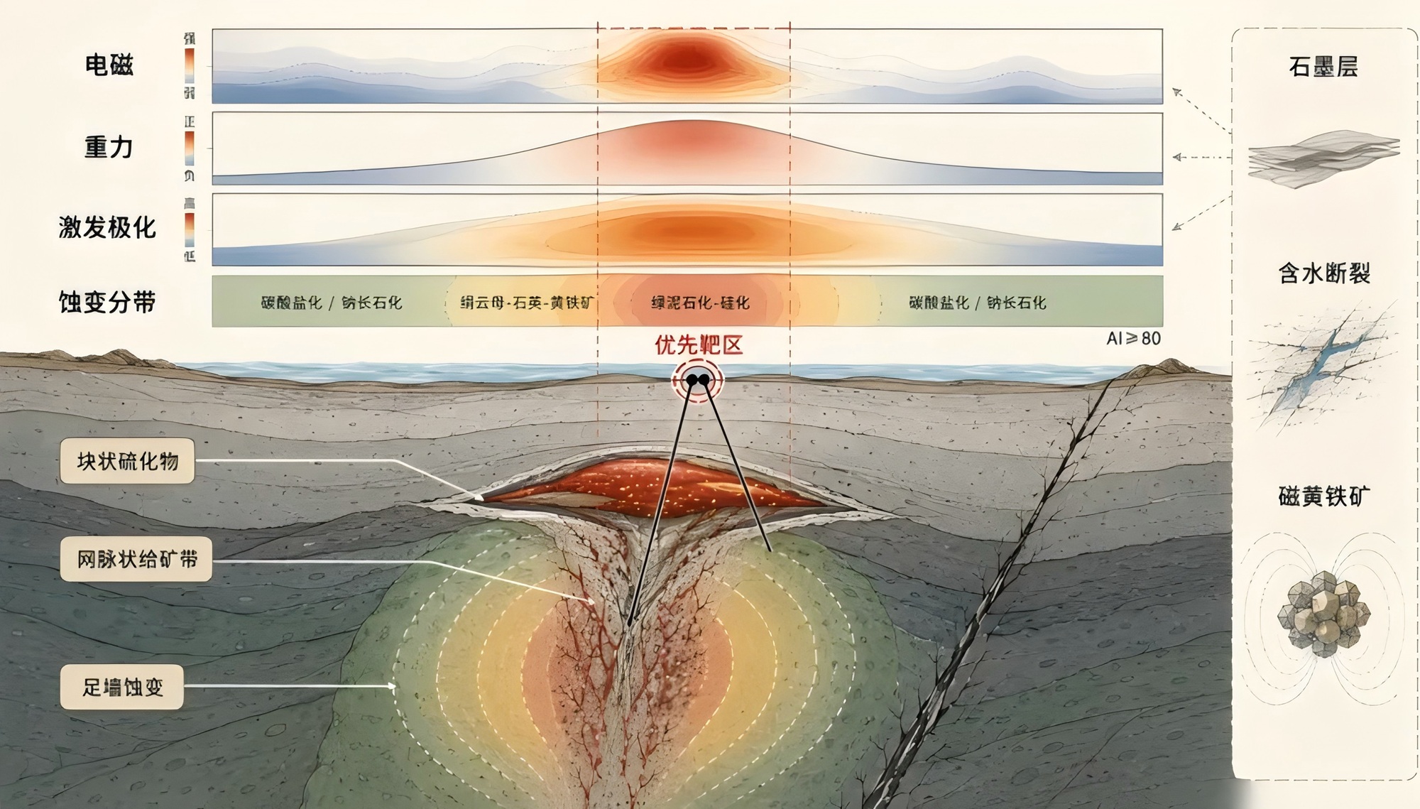 Schematic of geophysical exploration for a VMS target.
